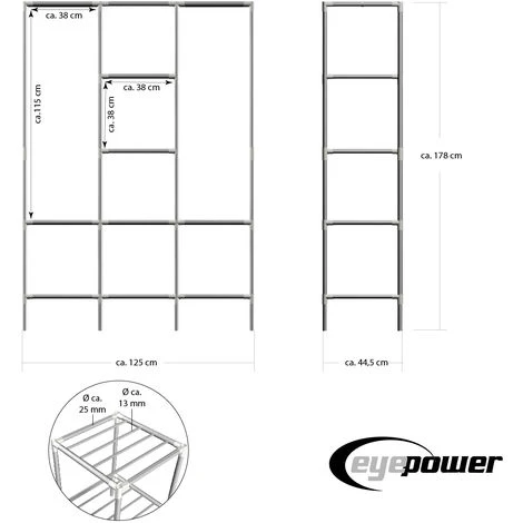 Eyepower Scaffalatura 178x128x44,5 Componibile 2 Appendiabiti 8 Ripiani Metallo - immagine 5