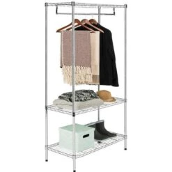 Stand Appendiabiti Acciaio Cromato 90x45x180cm Camera Letto Con 2 Ripiani E Asta