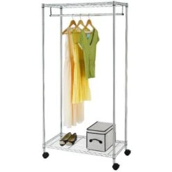 Stand Appendiabiti Acciaio Cromo 90x45x180 Camera Letto Con Ripiano Asta E Ruote