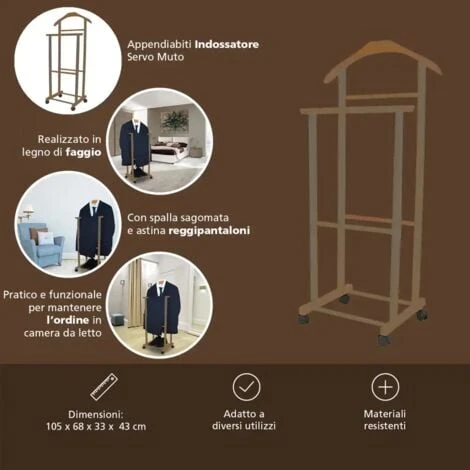 Appendiabiti Indossatore Appendi Abiti Servo Muto Per Camera Con Ruote Noce - immagine 4
