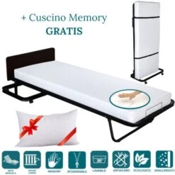 EVERGREENWEB - Letto Verticale A Scomparsa Con Materasso MEMORY FOAM 80x190 Alto 12 Cm + Cuscino GRATIS Rivestimento Sfoderabile Rete Singola A Doghe Legno Ortopedica, Brandina Pieghevole Salvaspazio