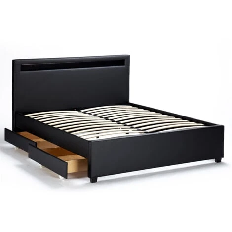 Letto Matrimoniale 2 Piazze Moderno Con Rete Testiera Led Cassetti 160x190 Geneva King Colore: Nero - immagine 5