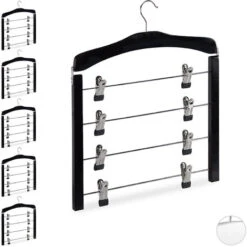 Set Da 6 Grucce Multiple Salvaspazio, Gancio Girevole A 360°, Con Pinze, Gonne E Pantaloni, Legno, Nere