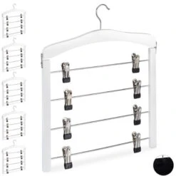 Set Da 6 Grucce Multiple Salvaspazio, Gancio Girevole A 360°, Con Pinze, Gonne E Pantaloni, Legno, Bianche