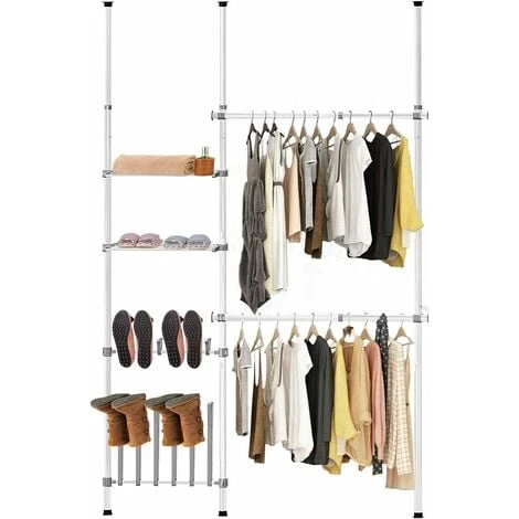 Scaffale Telescopico Appendiabiti Porta Abiti, Con 2 Barre E 2 Mensole, Con Porta Scarpe, Set Di Aste Appendiabiti Portatili Da Montare, Altezza Regolabile 240-280cm, Larghezza 135-182cm