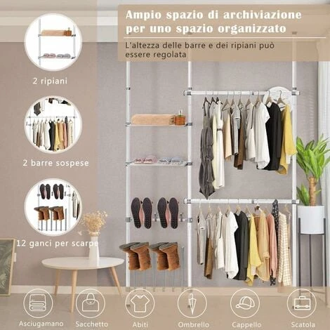 Scaffale Telescopico Appendiabiti Porta Abiti, Con 2 Barre E 2 Mensole, Con Porta Scarpe, Set Di Aste Appendiabiti Portatili Da Montare, Altezza Regolabile 240-280cm, Larghezza 135-182cm - immagine 2