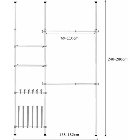 Scaffale Telescopico Appendiabiti Porta Abiti, Con 2 Barre E 2 Mensole, Con Porta Scarpe, Set Di Aste Appendiabiti Portatili Da Montare, Altezza Regolabile 240-280cm, Larghezza 135-182cm - immagine 5
