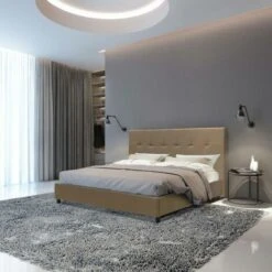 Talamo Italia Letto Matrimoniale Con Testiera, Made In Italy, Struttura In Legno Ed Ecopelle, 172x203xh100 Cm, Colore Tortora, Con Imballo Rinforzato