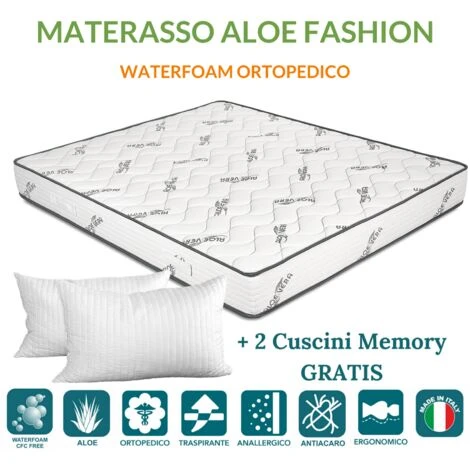 EVERGREENWEB - Materasso Singolo 80x190 In Waterfoam Ortopedico Alto 20 Cm + Cuscino Memory Foam Gratis, Rivestimento Oli Essenziali ALOE VERA, Tessuto Antiacaro Ideale Per Tutti Letti E Reti Offerta - immagine 2