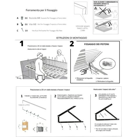 Kit MECCANISMO ALZARETE Sollevamento Per Letto Contenitore. MADE IN ITALY - Letto Matrimoniale - Fuorimisura - immagine 3