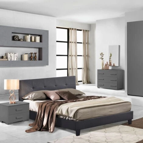 Letto Matrimoniale A 2 Piazze In Tessuto Con Rete Doghe 160x190cm Jona Colore: Grigio Scuro