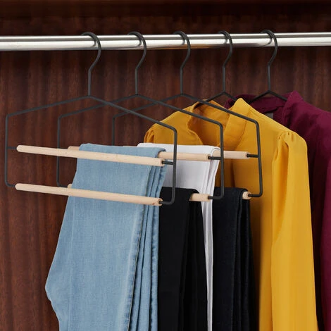 Relaxdays Set Da 3 Grucce Per Pantaloni, Salvaspazio E Multiple, Per Gonne, Antiscivolo, Legno E Metallo, Nero/Naturale - immagine 2