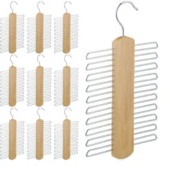 10x Gruccia Multipla Portacravatte, Stampella 20 Cravatte, Organizer Armadio,Gancio Girevole A 360°,Legno,naturale