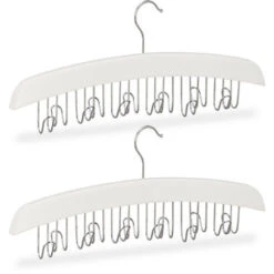 2x Gruccia Porta Cinture, Per 12 Cinte, Accessorio Appendiabiti In Legno Di Loto, 17,5x43x5,5 Cm, Bianco /Argento