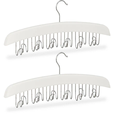 2x Gruccia Porta Cinture, Per 12 Cinte, Accessorio Appendiabiti In Legno Di Loto, 17,5x43x5,5 Cm, Bianco /Argento