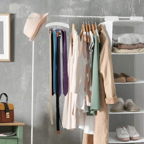 2x Gruccia Porta Cinture, Per 12 Cinte, Accessorio Appendiabiti In Legno Di Loto, 17,5x43x5,5 Cm, Bianco /Argento - immagine 2