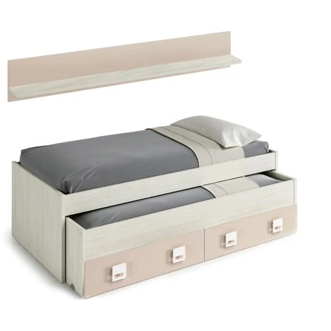 Letto Singolo, Struttura Letto Per Cameretta, Letto Singolo Con Lettino Estraibile E 2 Cassetti E Mensola, Cm 199x96h65, Bianco E Rosa
