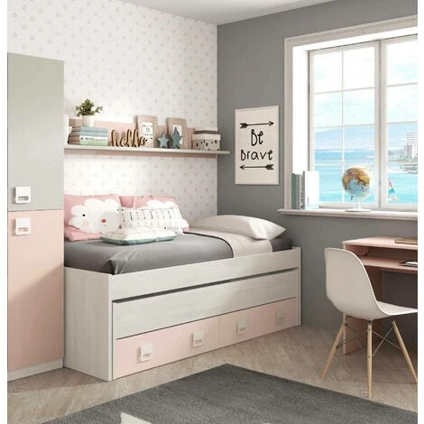 Letto Singolo, Struttura Letto Per Cameretta, Letto Singolo Con Lettino Estraibile E 2 Cassetti E Mensola, Cm 199x96h65, Bianco E Rosa - immagine 2