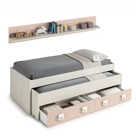Letto Singolo, Struttura Letto Per Cameretta, Letto Singolo Con Lettino Estraibile E 2 Cassetti E Mensola, Cm 199x96h65, Bianco E Rosa - immagine 4