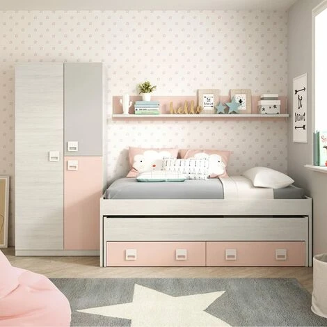 Letto Singolo, Struttura Letto Per Cameretta, Letto Singolo Con Lettino Estraibile E 2 Cassetti E Mensola, Cm 199x96h65, Bianco E Rosa - immagine 5