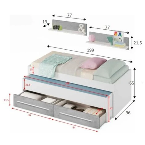 Letto Singolo, Struttura Letto Per Cameretta, Letto Singolo Con Lettino Estraibile E 2 Cassetti E Mensola, Cm 199x96h65, Bianco E Cemento - immagine 3