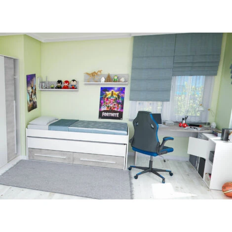 Letto Singolo, Struttura Letto Per Cameretta, Letto Singolo Con Lettino Estraibile E 2 Cassetti E Mensola, Cm 199x96h65, Bianco E Cemento - immagine 5