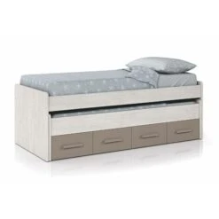 Letto Singolo, Struttura Letto Per Cameretta, Letto Singolo Con Lettino Estraibile E 4 Cassettoni, Cm 198x96h69, Bianco E Marrone