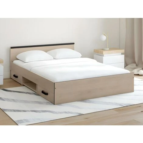 Letto Con Vani Portaoggetti, 2 Cassetti E 1 Nicchia 140 X 190 Cm Rovere - PABLO - immagine 2