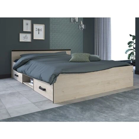 Letto Con Vani Portaoggetti, 2 Cassetti E 1 Nicchia 140 X 190 Cm Rovere - PABLO - immagine 3