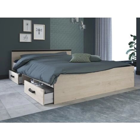 Letto Con Vani Portaoggetti, 2 Cassetti E 1 Nicchia 140 X 190 Cm Rovere - PABLO - immagine 4
