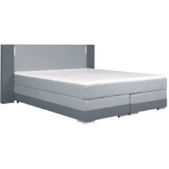 Set Boxspring Completo Testata Con LED + Reti + Materasso + Topper ASTI - 160 X 200 Cm - Similpelle - Antracite E Grigio Chiaro