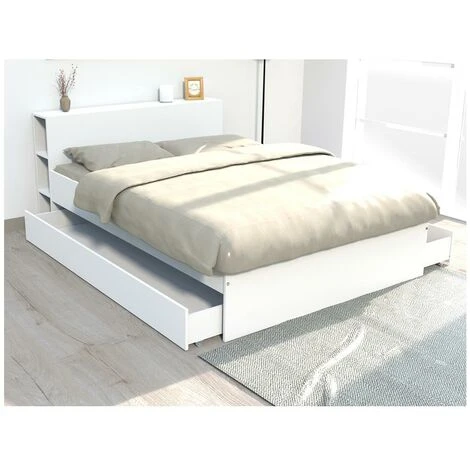 Letto Con Testata Vani Portaoggetti E Cassetti 140 X 190 Cm Bianco - EUGENE - immagine 2