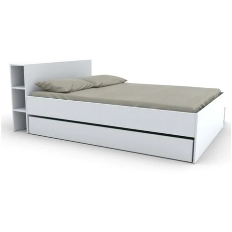 Letto Con Testata Vani Portaoggetti E Cassetti 140 X 190 Cm Bianco - EUGENE - immagine 3