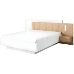 Letto Con Comodini 160 X 200 Cm 2 Cassetti Con LED Bianco E Naturale - FRANCOLI