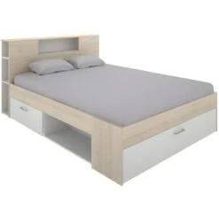 Letto Con Testata, Vani Portaoggetti E Cassetti 140 X 190 Cm Bianco E Naturale - LEANDRE