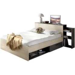 Letto Con Testata Vani Portaoggetti E Cassetti 140 X 190 Cm Naturale E Antracite - FLORIAN