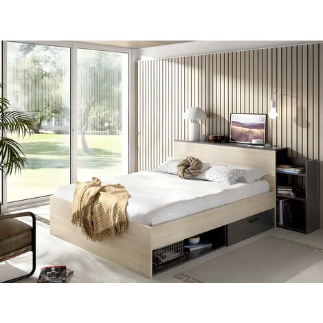 Letto Con Testata Vani Portaoggetti E Cassetti 140 X 190 Cm Naturale E Antracite - FLORIAN - immagine 2