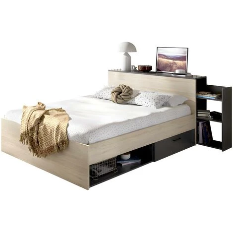 Letto Con Testata Vani Portaoggetti E Cassetti 140 X 190 Cm Naturale E Antracite - FLORIAN - immagine 3