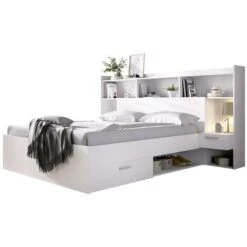 Letto Con Scomparti Portaoggetti E Comodini Integrati 140 X 190 Cm Bianco - KEVIN