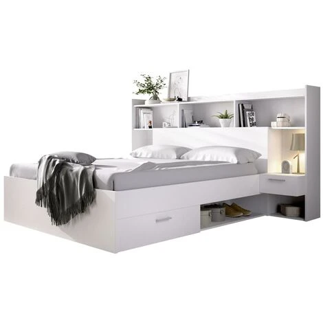 Letto Con Scomparti Portaoggetti E Comodini Integrati 140 X 190 Cm Bianco - KEVIN