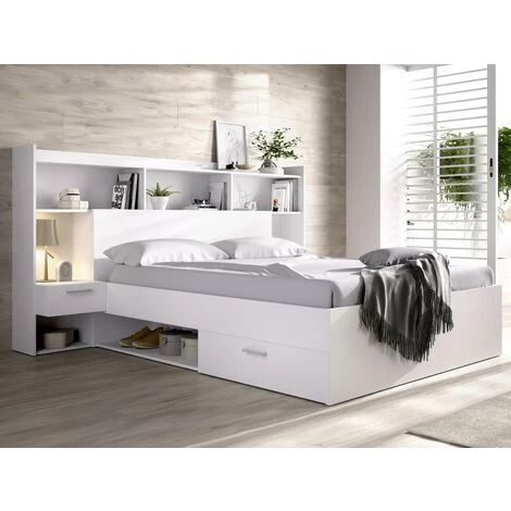 Letto Con Scomparti Portaoggetti E Comodini Integrati 140 X 190 Cm Bianco - KEVIN - immagine 2
