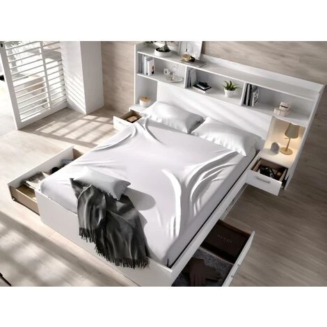 Letto Con Scomparti Portaoggetti E Comodini Integrati 140 X 190 Cm Bianco - KEVIN - immagine 3