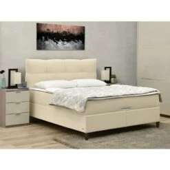 Set Letto Deco Completo 160x200cm Tessuto Beige CAGLIARI Di DREAMEA: Testata + Base Letto Con Vano + Materasso