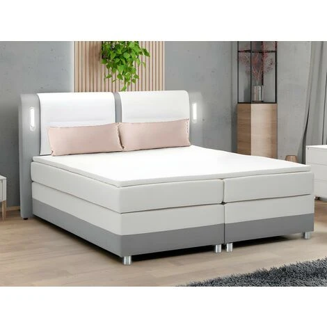 Set Boxspring Testata LED+reti+materasso+topper 160x200cm Tessuto Similpelle Grigio Bianco - RIMINI Di DREAMEA - immagine 2