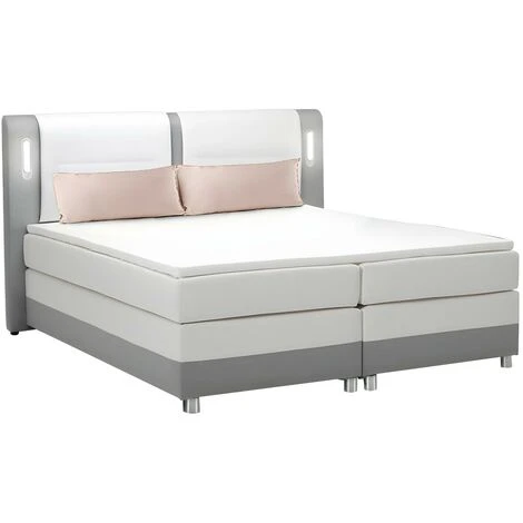 Set Boxspring Testata LED+reti+materasso+topper 160x200cm Tessuto Similpelle Grigio Bianco - RIMINI Di DREAMEA - immagine 3