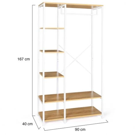 Guardaroba Appendiabiti Con Scaffale DETROIT Design Industriale Legno E Metallo Bianco - immagine 4
