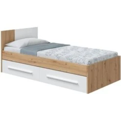 Dmora Letto Singolo Anaheim, Letto Singolo Contenitore Con Testiera, Struttura Letto A 2 Cassetti Per Camera Da Letto, Cm 196x97h77, Rovere Nodi E Bianco