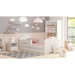 Dmora Letto Singolo Per Bambini, Lettino Con Cassettone E Protezione Anticaduta E Testiera A Nuvola, Cm 144x78h58, Colore Bianco