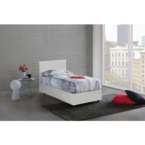 Talamo Italia Letto Singolo Brigitta, Letto Contenitore Con Rivestimento In Ecopelle, 100% Made In Italy, Apertura Frontale, Con Materasso Cm 80x190 Incluso, Bianco - immagine 2