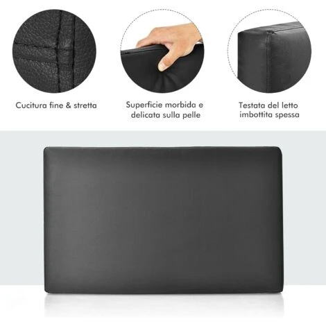 COSTWAY Testiera Da Letto Imbottita, Testiera A Muro Imbottita In Spugna Con Superficie In Tessuto Di Lino/Pelle PU, 88x53x7cm (Pelle PU-nero) - immagine 4